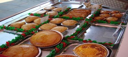 counter display showing various pies